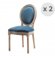 AGATHE - Chaise médaillon velours bleu canard pieds bois(x2)