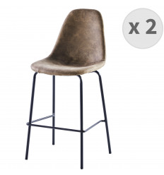 VEGAS - Chaises de bar microfibre vintage marron pieds métal noir (x2)