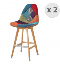 OWEN - Chaise de bar scandinave tissu patchwork rouge pieds hêtre (x2)