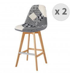 OWEN - Chaise de bar tissu scandinave patchwork noir pieds hêtre (x2)