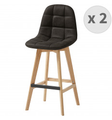 OWEN OAK - Chaise de bar vintage microfibre marron foncé pieds chêne(x2)