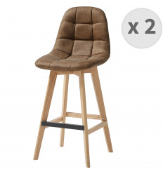 OWEN OAK - Chaise de bar vintage microfibre marron pieds chêne(x2)