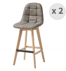 OWEN OAK - Chaise de bar vintage microfibre marron clair pieds chêne(x2)