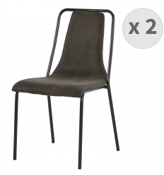 HARLEM-Chaise industrielle microfibre vintage ébène pieds métal noir (x2)