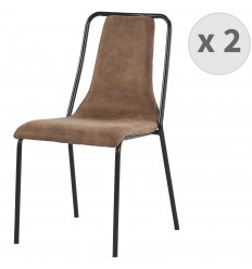 HARLEM-Chaise industrielle microfibre vintage brun pieds métal noir (x2)