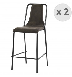 HARLEM - Chaises de bar industrielle microfibre vintage marron foncé pieds métal noir (x2)