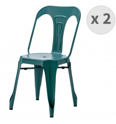 OLDIES - Chaise industrielle métal bleu canard patiné (x2)