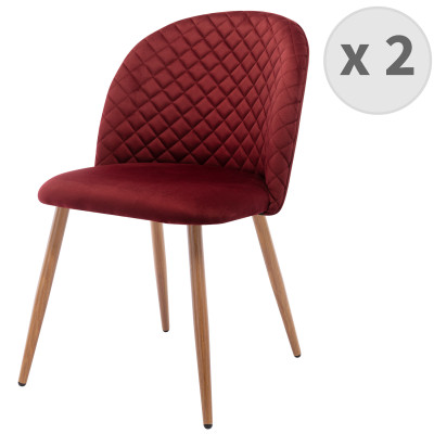 LOLA - Chaise vintage velours lie de vin pieds métal effet bois,(x2)