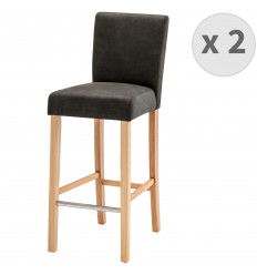 TURNER - Chaise de bar vintage microfibre marron foncé pieds bois (x2)