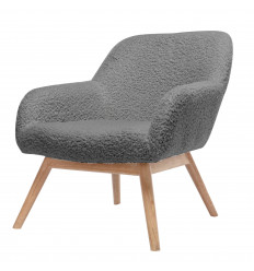 MALMO - Fauteuil lounge en tissu laine bouclé gris, pieds bois