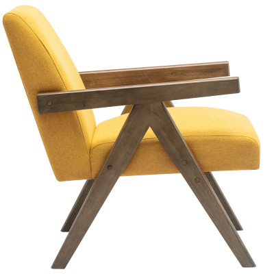 WARREN-Sillón de tela mostaza y madera gris teñida de nogal