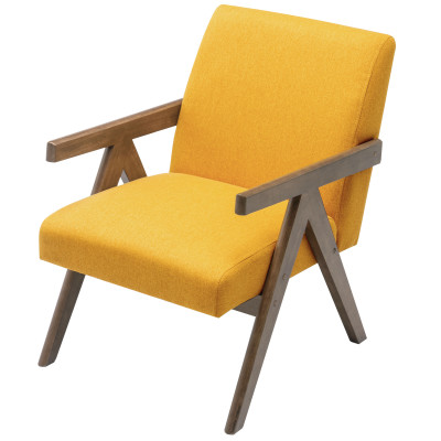 WARREN-Sillón de tela mostaza y madera gris teñida de nogal