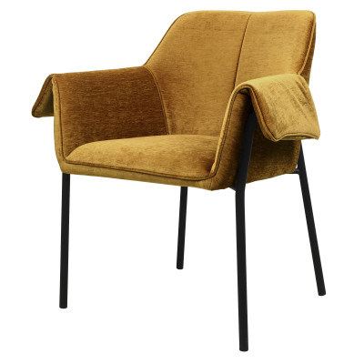 GASPARD, Fauteuil de table en tissu chenillé Moutarde et métal noir