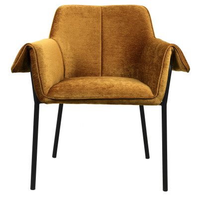 GASPARD, Fauteuil de table en tissu chenillé Moutarde et métal noir