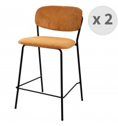 CLARA - Chaise de bar en tissu cotelé Ocre et métal noir mat (x2)