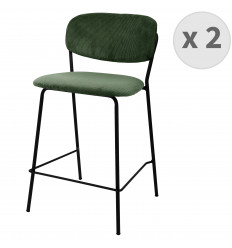 CLARA - Chaise de bar en tissu cotelé Sauge et métal noir mat (x2)