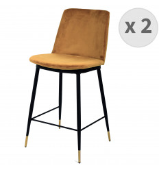 ENZO - Chaise de bar en velours Moutarde, métal noir et doré, (x2)