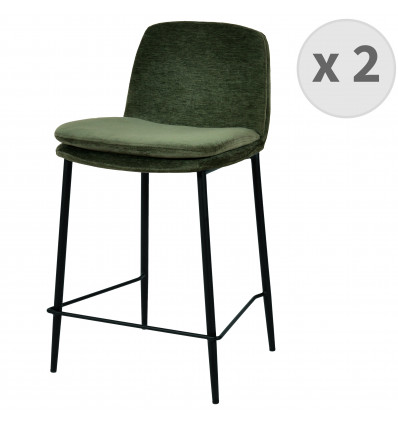NOLAN - Chaise de bar tissu chenillé Sauge et métal noir mat (x2)