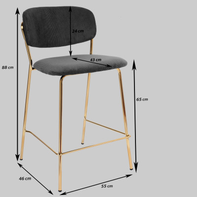 CLARA - Chaise de bar en tissu cotelé Noir et métal doré brossé (x2)