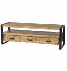 DACCA-Meuble TV 3 tiroirs, L.150 cm, bois de Manguier massif et métal