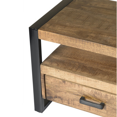 DACCA-Meuble TV 2 tiroirs, L.120 cm, bois de Manguier massif et métal
