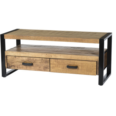DACCA-Meuble TV 2 tiroirs, L.120 cm, bois de Manguier massif et métal