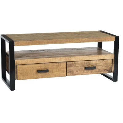DACCA-Meuble TV 2 tiroirs, L.120 cm, bois de Manguier massif et métal