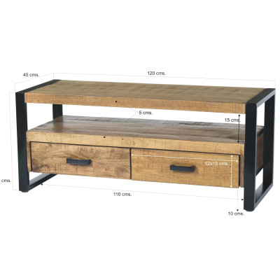DACCA-Meuble TV 2 tiroirs, L.120 cm, bois de Manguier massif et métal