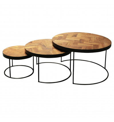 BIARRITZ-Set de 3 Tables basses gigognes en Teck massif et métal noir