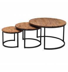 SALOME-Set de 3 Tables basses rondes gigognes, Manguier et métal noir