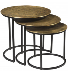 JAIPUR-Set de 3 Tables basses ronde en métal Laiton doré et noir