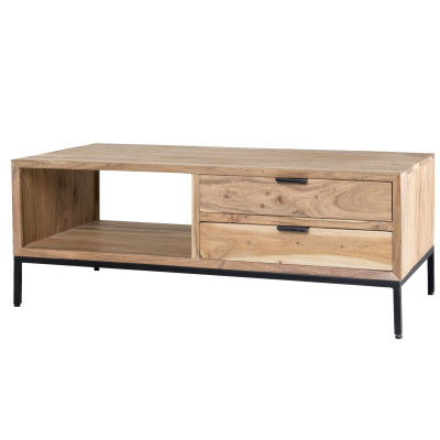 URBAN-Table basse 2 tiroirs 120x60 en bois d'Acacia massif et métal