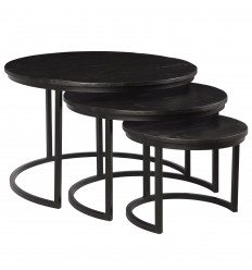 LUZ-Set de 3 Tables basses rondes en Manguier teinté noir et métal