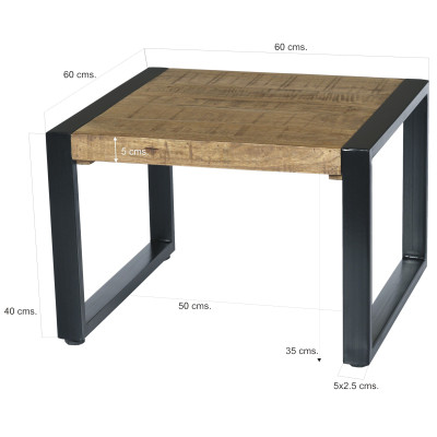 DACCA,Table basse carrée 60x60, bois de Manguier massif et métal noir