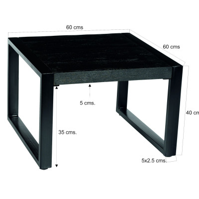 LUZ-Table basse carrée 60x60 cm, bois de Manguier massif noir et métal
