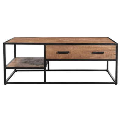 ANGLET-Table basse 2 tiroirs 120x70, bois de Manguier massif et métal