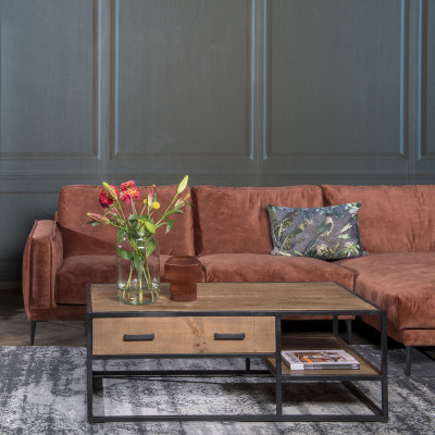 ANGLET-Table basse 2 tiroirs 120x70, bois de Manguier massif et métal