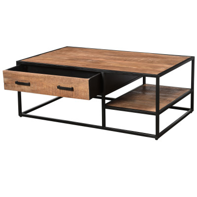 ANGLET-Table basse 2 tiroirs 120x70, bois de Manguier massif et métal