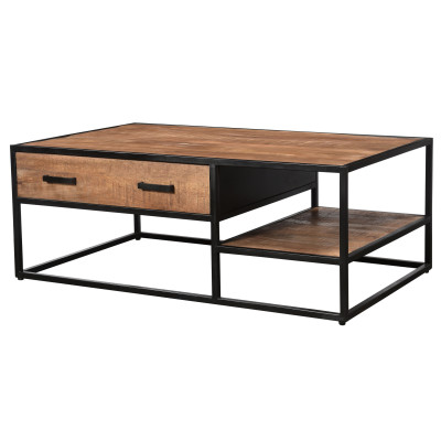 ANGLET-Table basse 2 tiroirs 120x70, bois de Manguier massif et métal