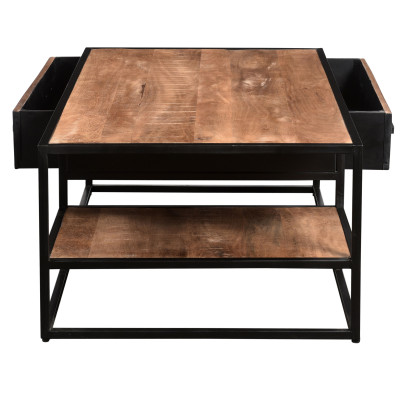 ANGLET-Table basse 2 tiroirs 120x70, bois de Manguier massif et métal