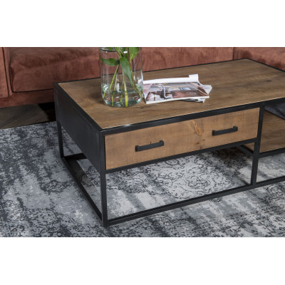 ANGLET-Table basse 2 tiroirs 120x70, bois de Manguier massif et métal