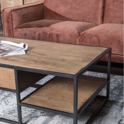 ANGLET-Table basse 2 tiroirs 120x70, bois de Manguier massif et métal