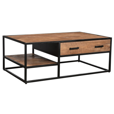 ANGLET-Table basse 2 tiroirs 120x70, bois de Manguier massif et métal