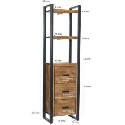 DACCA-Etagère 3 tiroirs en bois de Manguier massif et métal noir