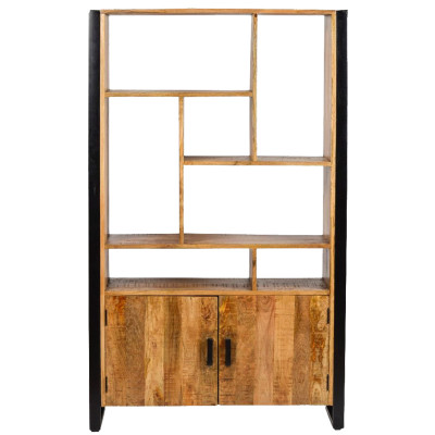 DACCA-Bibliothèque 2 portes en bois de Manguier massif et métal noir