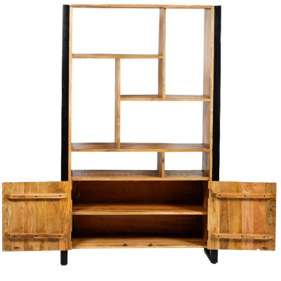DACCA-Bibliothèque 2 portes en bois de Manguier massif et métal noir
