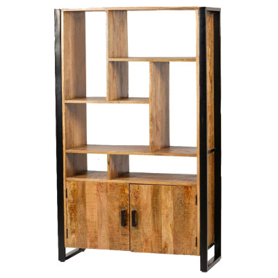 DACCA-Bibliothèque 2 portes en bois de Manguier massif et métal noir