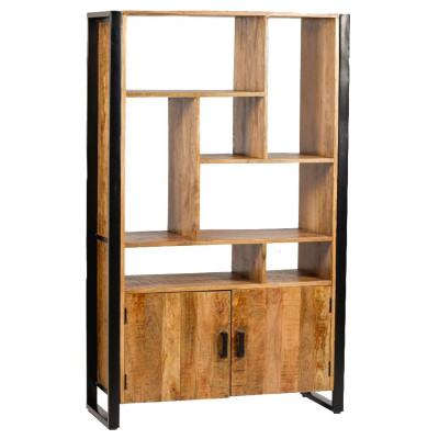 DACCA-Bibliothèque 2 portes en bois de Manguier massif et métal noir