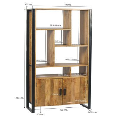 DACCA-Bibliothèque 2 portes en bois de Manguier massif et métal noir