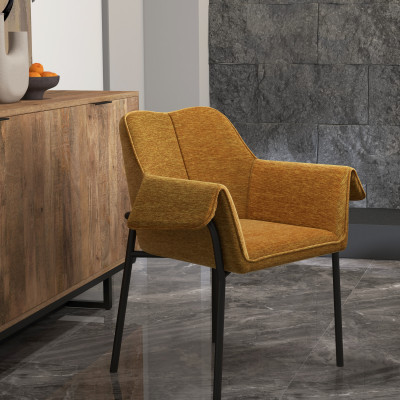 GASPARD, Fauteuil de table en tissu chenillé Moutarde et métal noir